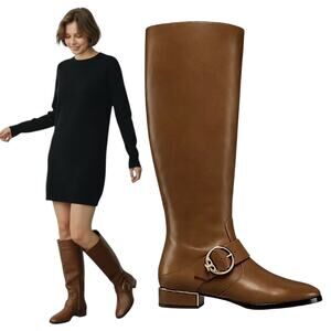 Tory Burch Sofia Tall Riding Boots Leather Logo Festive Brown Size 7